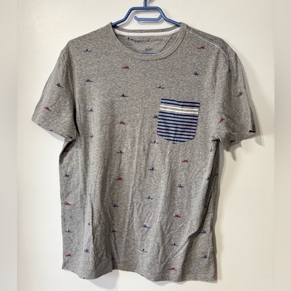 Tommy Hilfiger Other - 🎉4/30$🎉 Tommy Hilfiger Gray & Blue Striped Pocket Tee – Size M 👕